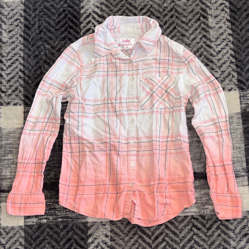 Justice Pink Ombre Plaid Button-Down Shirt
